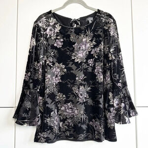 The Limited Velvet Burnout Blouse Dark Floral Black Flutter Sleeve Size Medium